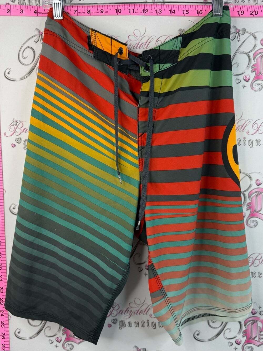 Oakley shorts swim pool Men's Red, Green & Yellow Striped Board Shorts